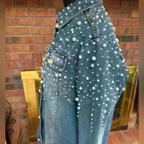 QUACKER FACTORY PEARL & RHINESTONE WESTERN BLUE DENIM JEAN JACKET SHACKET SZ S-L - Picture 11 of 15